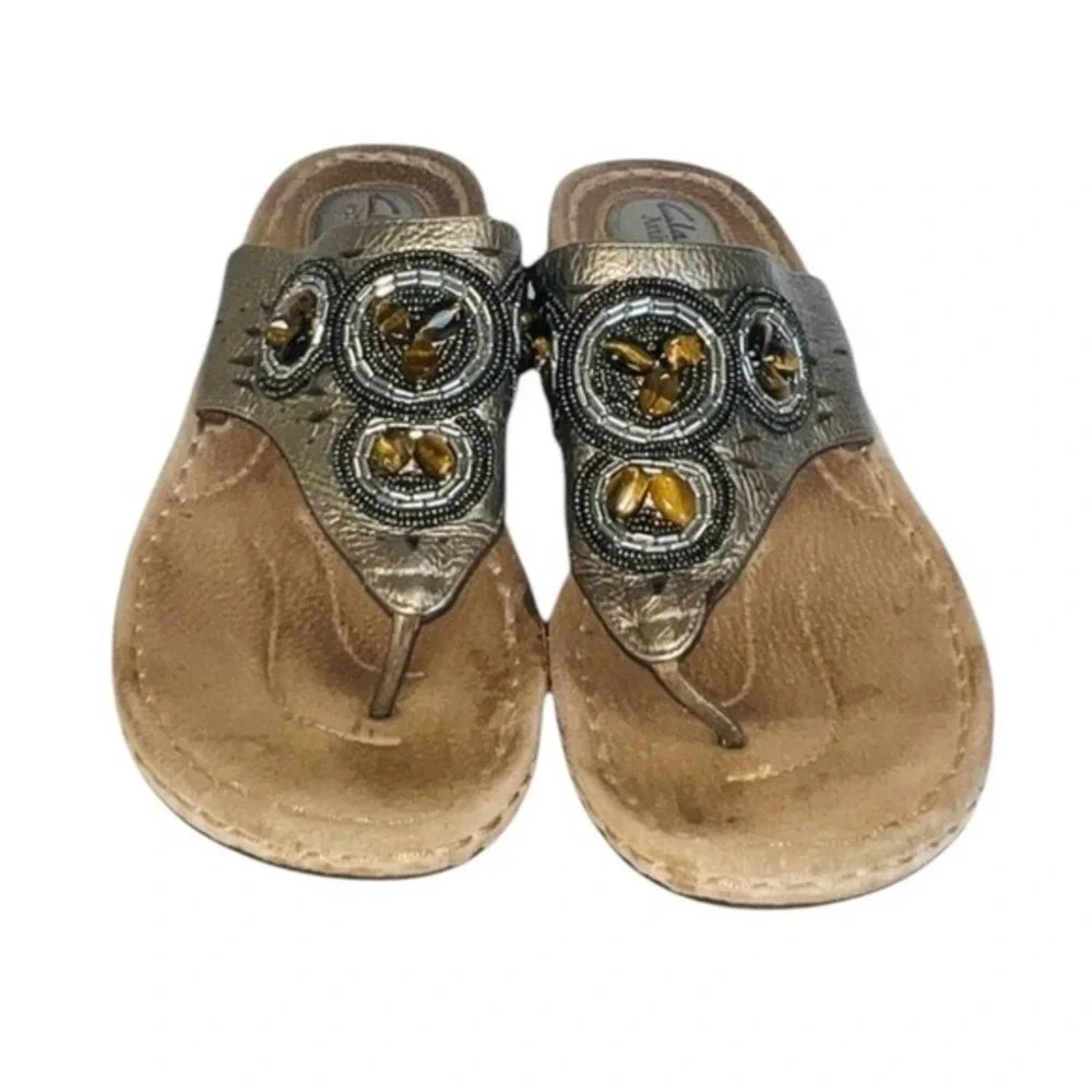 4/$40 Clarks‎ Brown & Black Decorative Elements Leather Thong Flip-flop Sandals